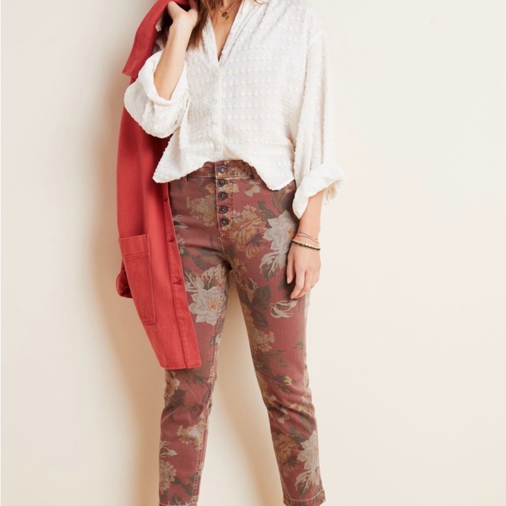 Pilcro Ultra High-Rise Slim Straight Jeans in Floral Mauve